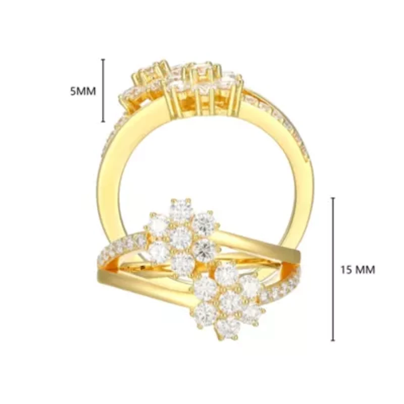 18K Yellow Gold or Rhodium Plated Sterling Silver Moissanite Double Flower Ring