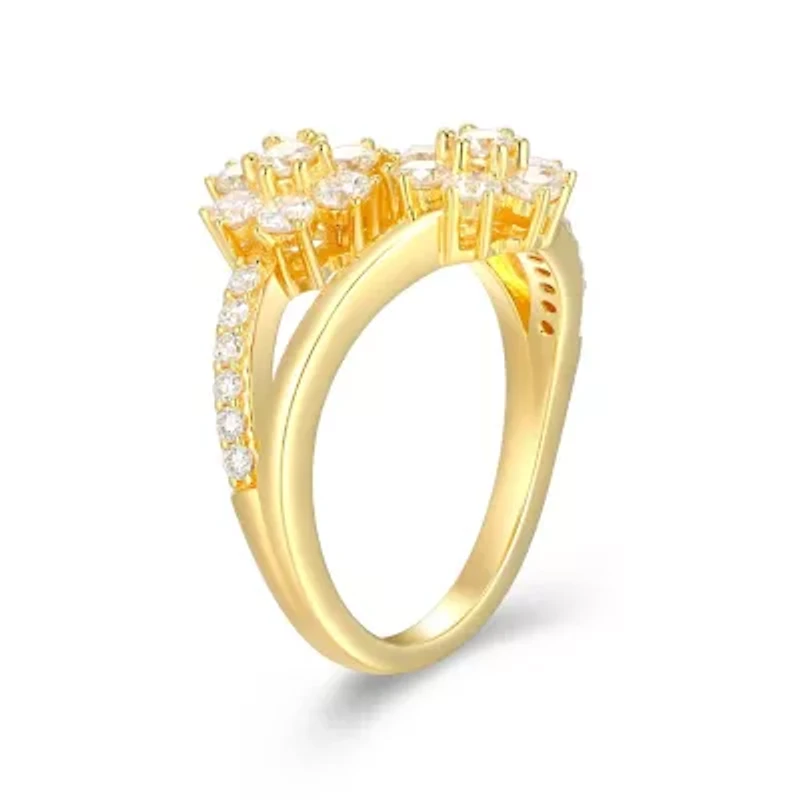 18K Yellow Gold or Rhodium Plated Sterling Silver Moissanite Double Flower Ring