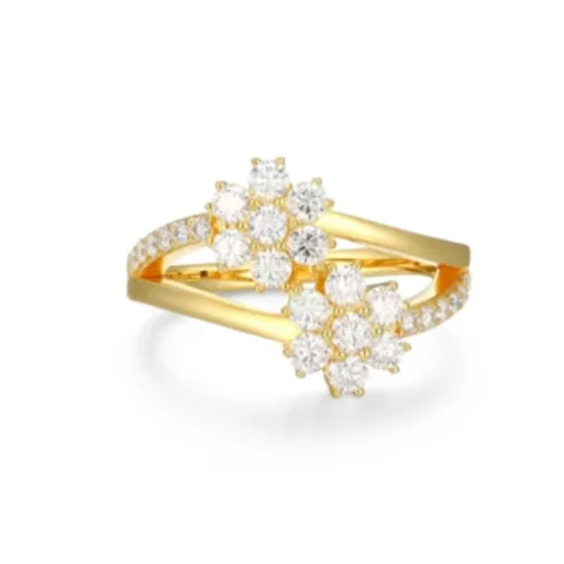 18K Yellow Gold or Rhodium Plated Sterling Silver Moissanite Double Flower Ring