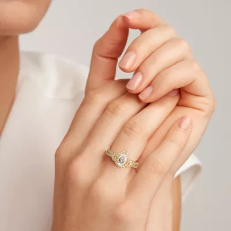 18K Yellow Gold or Rhodium Plated Sterling Silver Moissanite Pear Ring