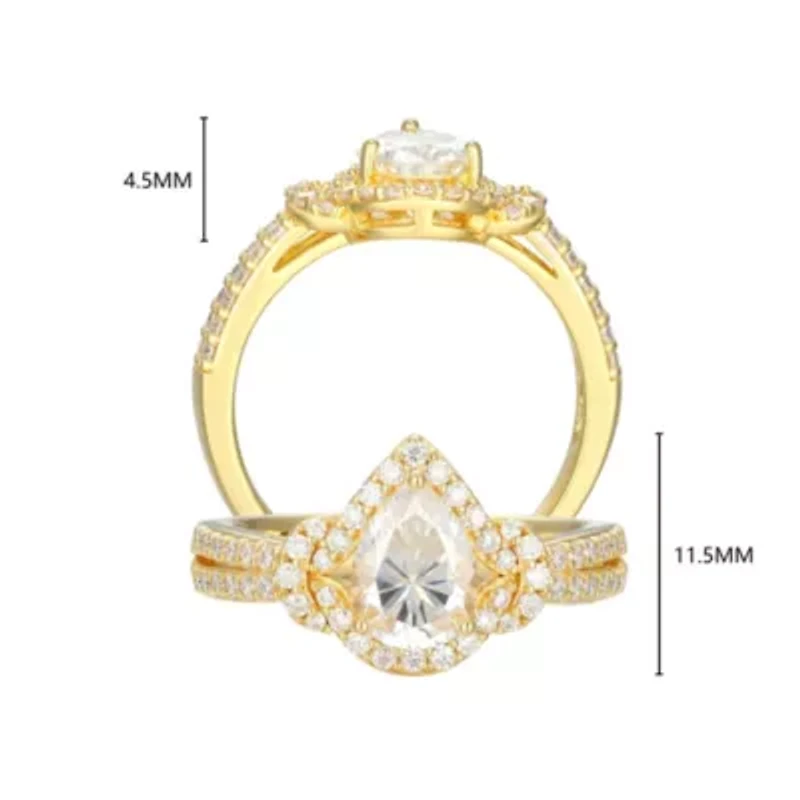 18K Yellow Gold or Rhodium Plated Sterling Silver Moissanite Pear Ring
