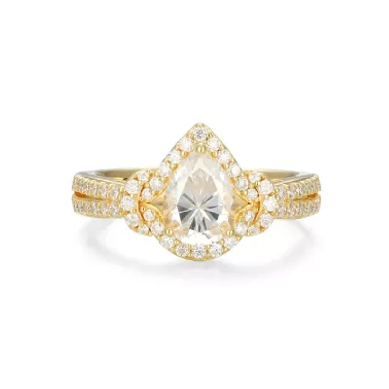18K Yellow Gold or Rhodium Plated Sterling Silver Moissanite Pear Ring