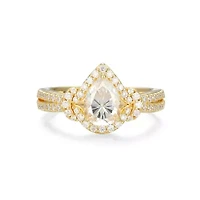 18K Yellow Gold or Rhodium Plated Sterling Silver Moissanite Pear Ring