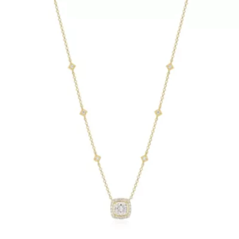 18K Yellow Gold or Rhodium Plated Sterling Silver Moissanite Halo Cushion Cut Station Necklace