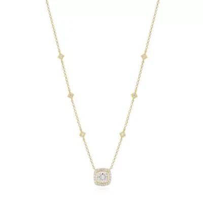 18K Yellow Gold or Rhodium Plated Sterling Silver Moissanite Halo Cushion Cut Station Necklace