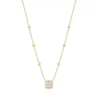 18K Yellow Gold or Rhodium Plated Sterling Silver Moissanite Halo Cushion Cut Station Necklace