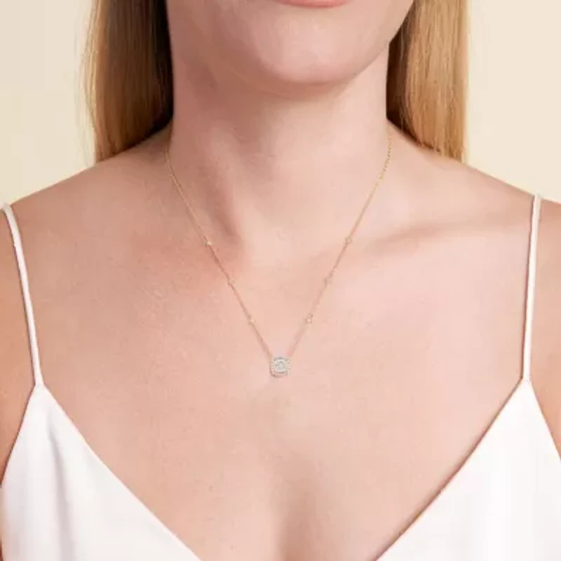 18K Yellow Gold or Rhodium Plated Sterling Silver Moissanite Halo Cushion Cut Station Necklace