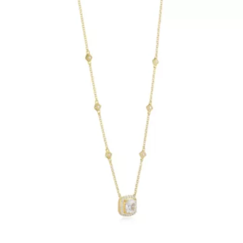18K Yellow Gold or Rhodium Plated Sterling Silver Moissanite Halo Cushion Cut Station Necklace