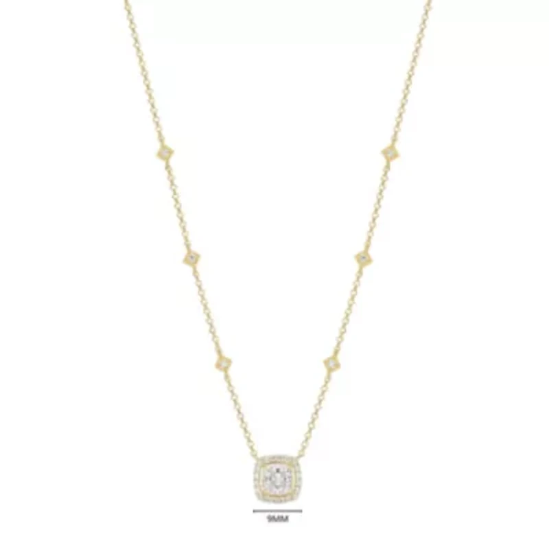 18K Yellow Gold or Rhodium Plated Sterling Silver Moissanite Halo Cushion Cut Station Necklace
