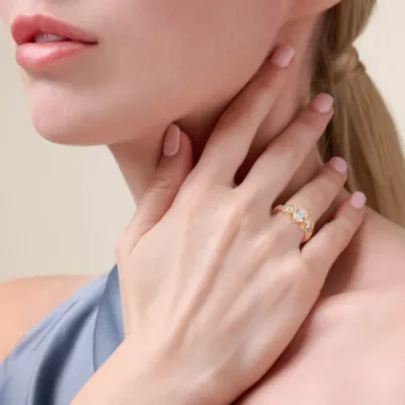 18K Yellow Gold or Rhodium Plated Sterling Silver Moissanite 3-Stone Ring