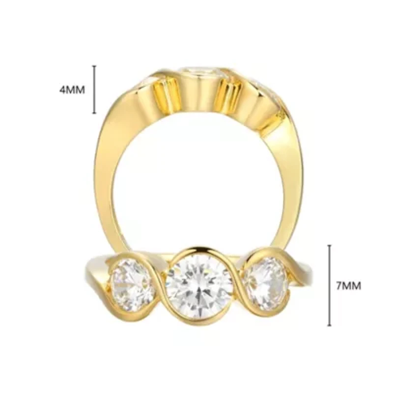 18K Yellow Gold or Rhodium Plated Sterling Silver Moissanite 3-Stone Ring