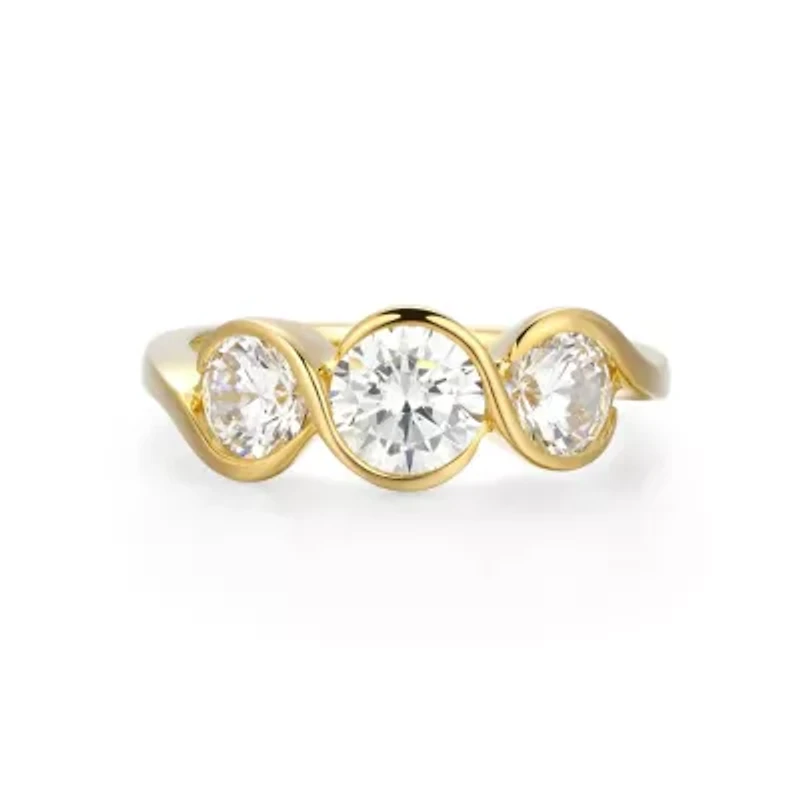 18K Yellow Gold or Rhodium Plated Sterling Silver Moissanite 3-Stone Ring
