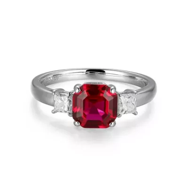 Rhodium Plated Sterling Silver Created Gemstone and 1/10 CTTW Lab Grown Diamond 3-Stone Ring
