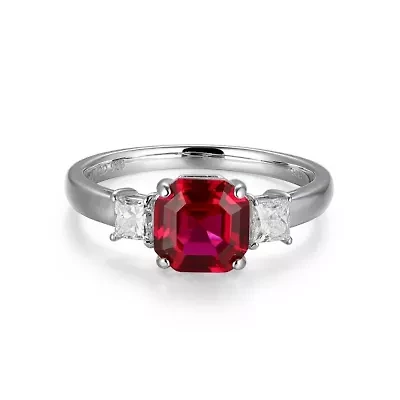 Rhodium Plated Sterling Silver Created Gemstone and 1/10 CTTW Lab Grown Diamond 3-Stone Ring