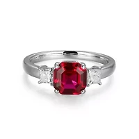 Rhodium Plated Sterling Silver Created Gemstone and 1/10 CTTW Lab Grown Diamond 3-Stone Ring