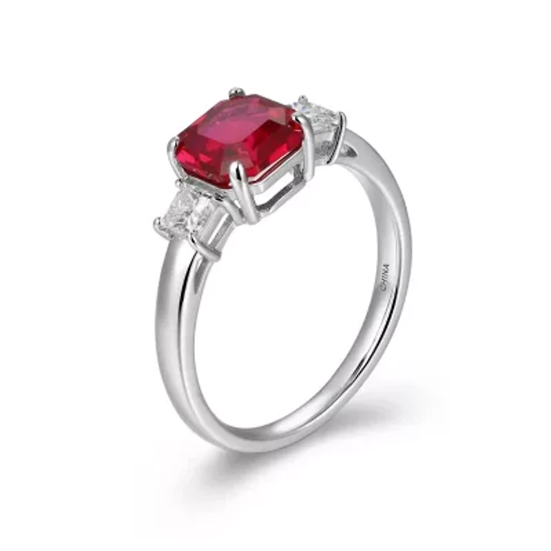Rhodium Plated Sterling Silver Created Gemstone and 1/10 CTTW Lab Grown Diamond 3-Stone Ring