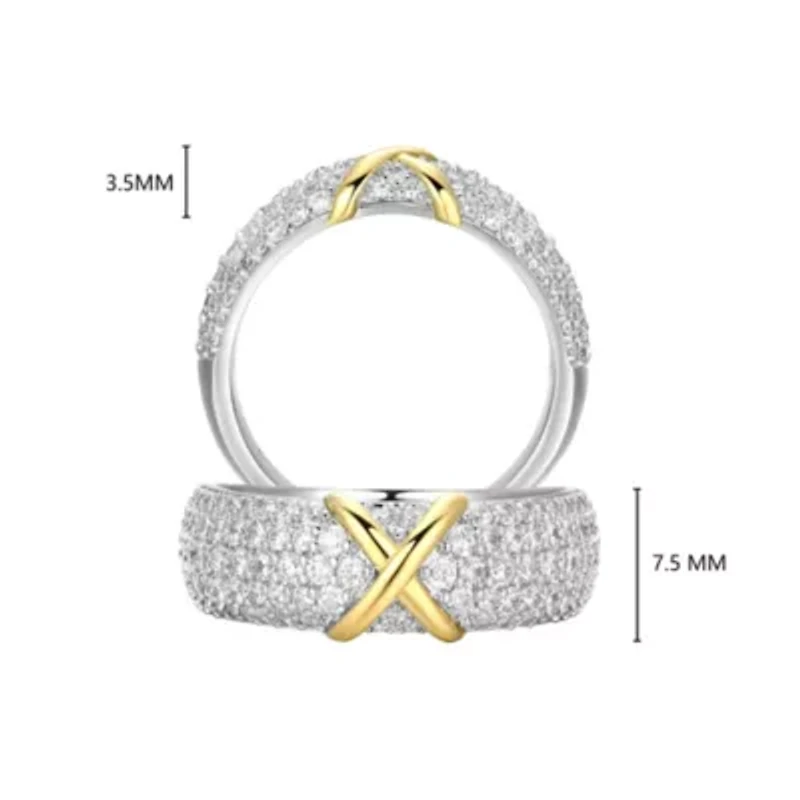 18K Yellow Gold and Rhodium Plated Sterling Silver Moissanite Two-Tone X Band Ring