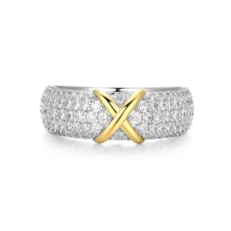 18K Yellow Gold and Rhodium Plated Sterling Silver Moissanite Two-Tone X Band Ring