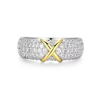 18K Yellow Gold and Rhodium Plated Sterling Silver Moissanite Two-Tone X Band Ring