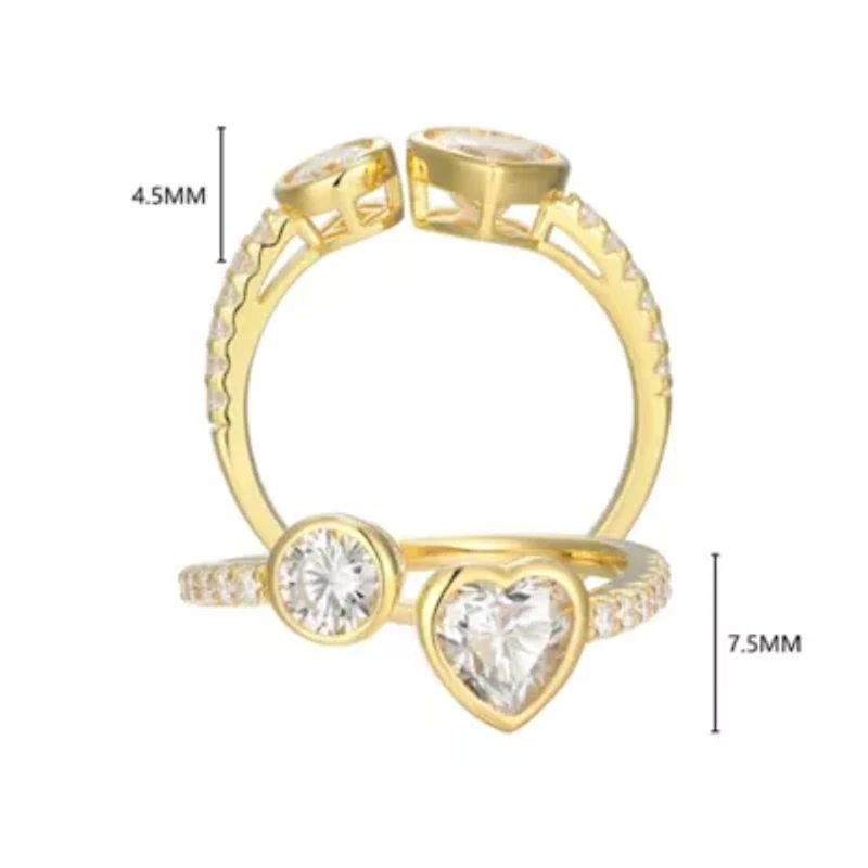 18K Yellow Gold or Rhodium Plated Sterling Silver Moissanite Heart Ring