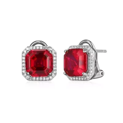 Rhodium Plated Sterling Silver Created Gemstone and 1/3 CTTW Lab Grown Diamond Stud Earrings