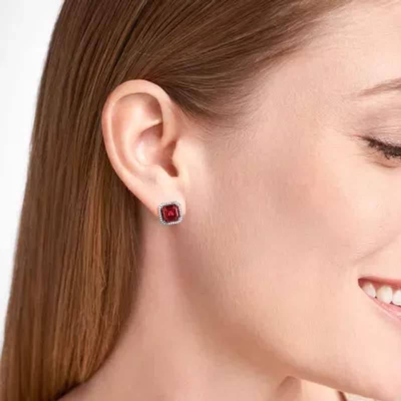 Rhodium Plated Sterling Silver Created Gemstone and 1/3 CTTW Lab Grown Diamond Stud Earrings