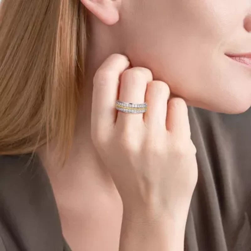 18K Yellow Gold and Rhodium Plated Sterling Silver Moissanite Two-Tone Band Ring