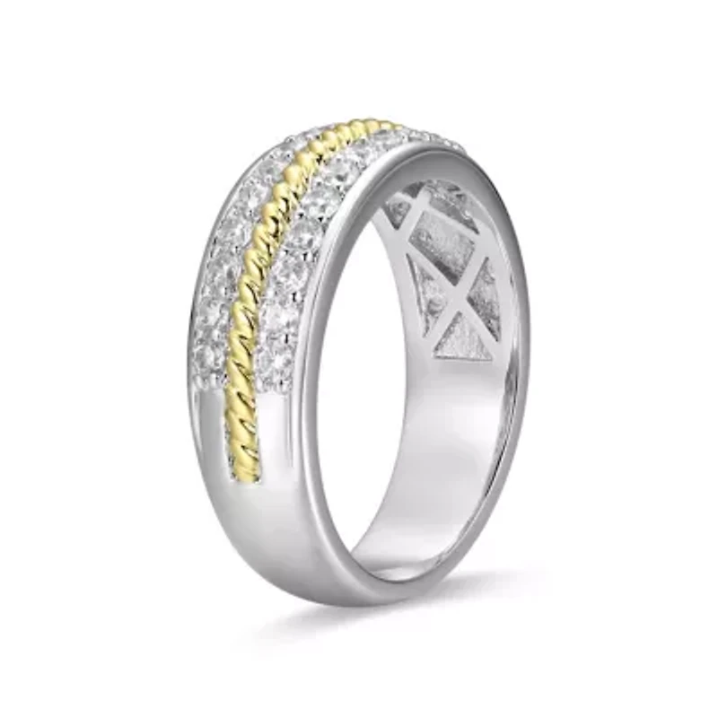 18K Yellow Gold and Rhodium Plated Sterling Silver Moissanite Two-Tone Band Ring