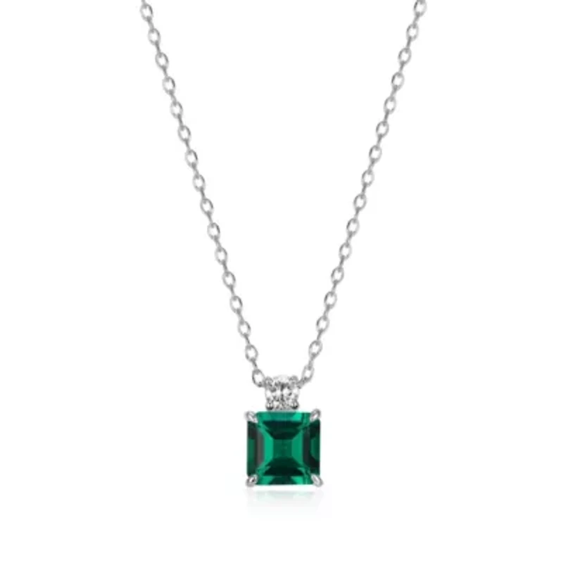 Rhodium Plated Sterling Silver Created Gemstone and 1/10 CTTW Lab Grown Diamond Solitaire Pendant Necklace