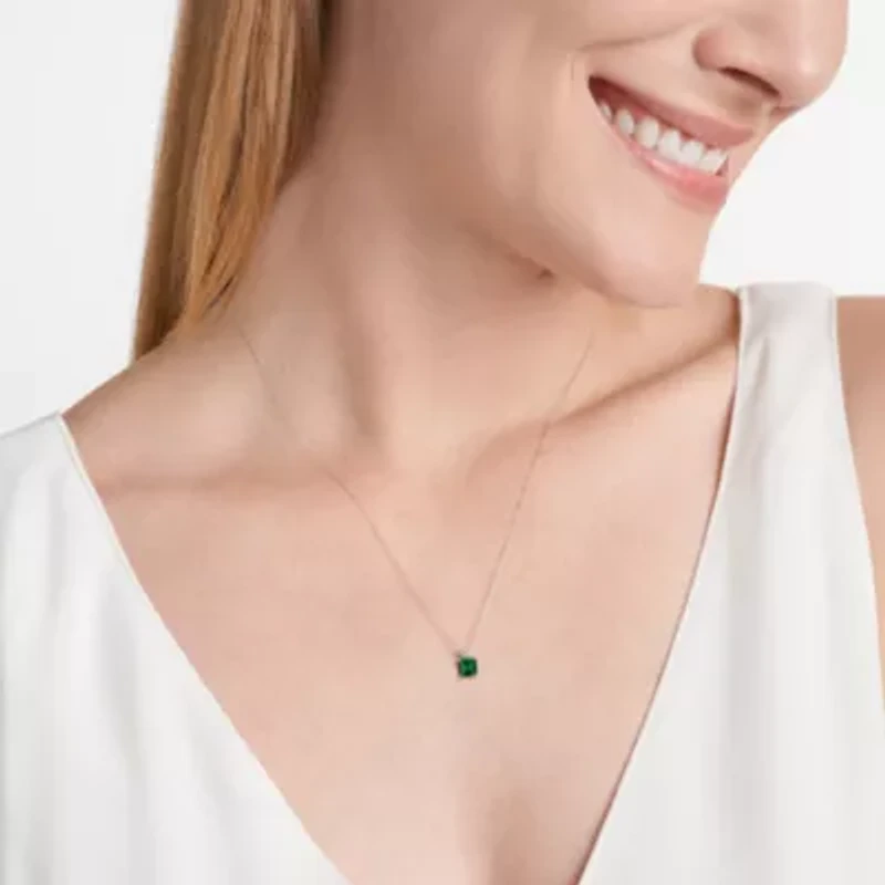 Rhodium Plated Sterling Silver Created Gemstone and 1/10 CTTW Lab Grown Diamond Solitaire Pendant Necklace