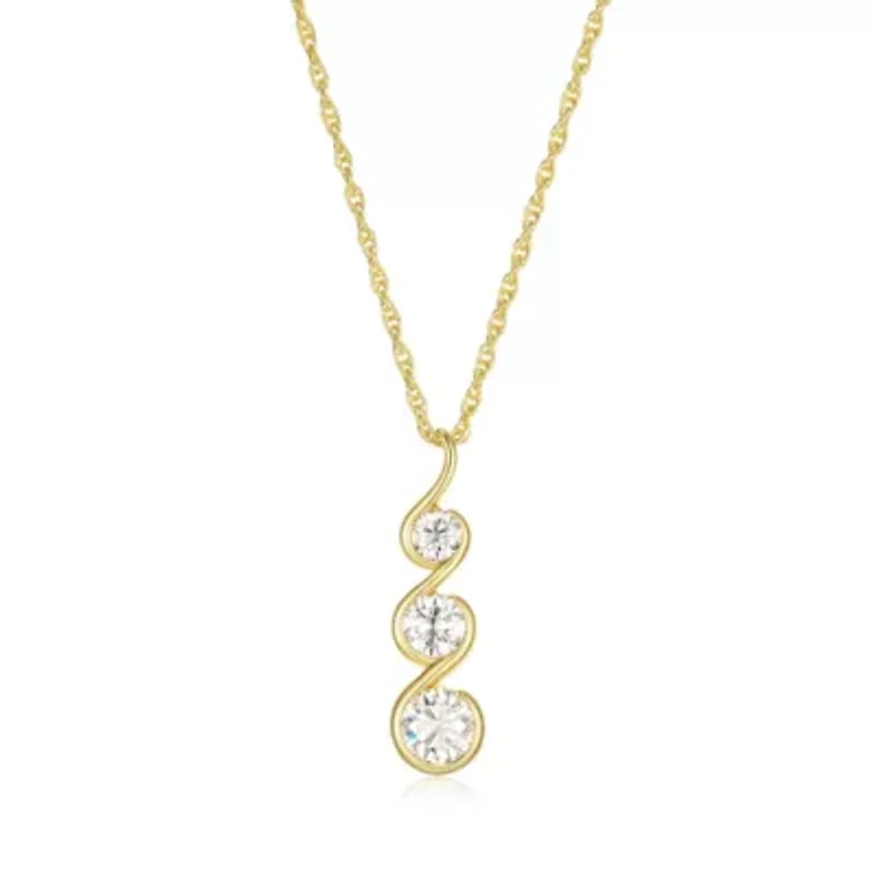 18K Yellow Gold or Rhodium Plated Sterling Silver Moissanite Three Stone Pendant Necklace