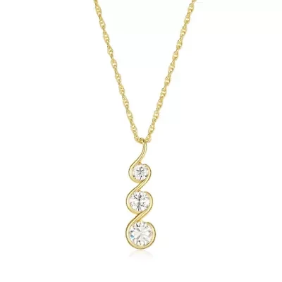 18K Yellow Gold or Rhodium Plated Sterling Silver Moissanite Three Stone Pendant Necklace