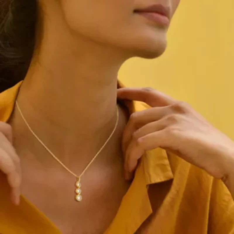 18K Yellow Gold or Rhodium Plated Sterling Silver Moissanite Three Stone Pendant Necklace