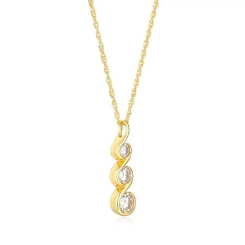 18K Yellow Gold or Rhodium Plated Sterling Silver Moissanite Three Stone Pendant Necklace