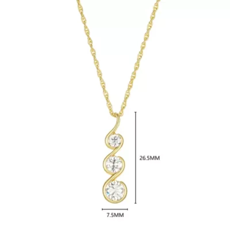 18K Yellow Gold or Rhodium Plated Sterling Silver Moissanite Three Stone Pendant Necklace