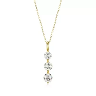 18K Yellow Gold or Rhodium Plated Sterling Silver Moissanite Three Stone Pendant Necklace
