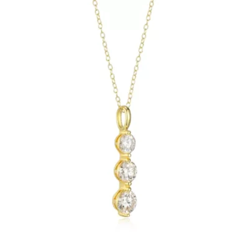18K Yellow Gold or Rhodium Plated Sterling Silver Moissanite Three Stone Pendant Necklace