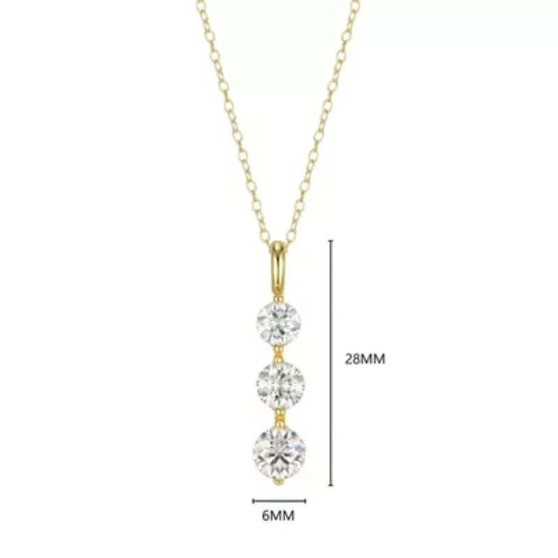18K Yellow Gold or Rhodium Plated Sterling Silver Moissanite Three Stone Pendant Necklace