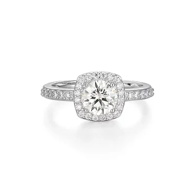 Lab Created Rhodium Plated Sterling Silver Women's Moissanite Halo Engagement Ring
