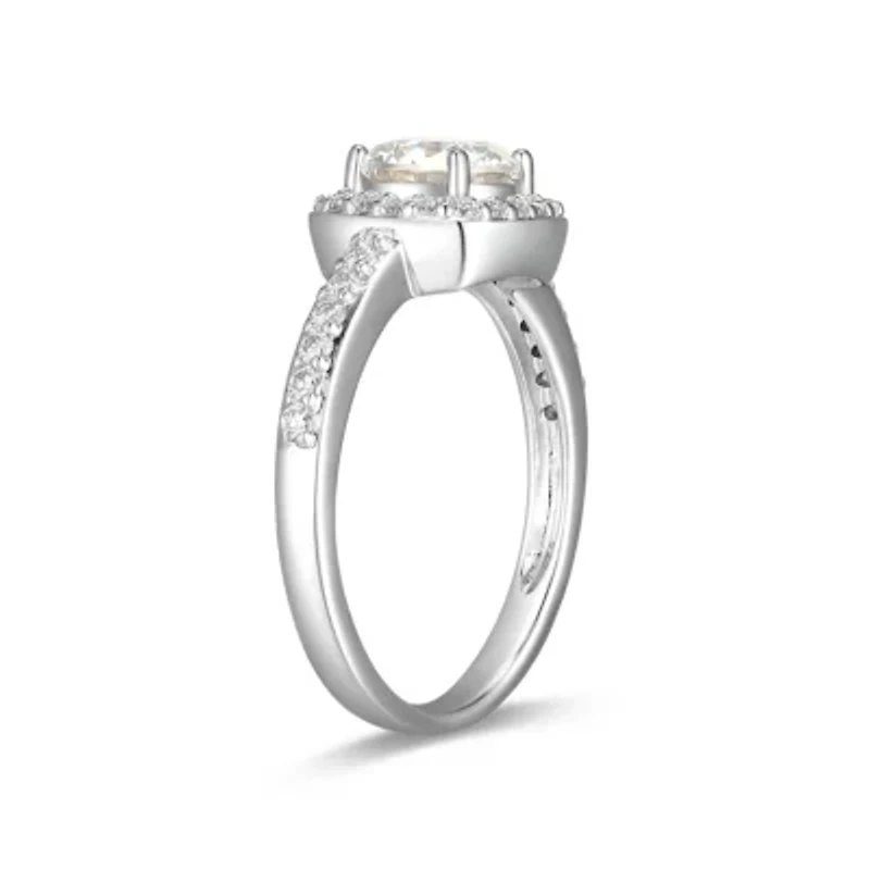 Lab Created Rhodium Plated Sterling Silver Women's Moissanite Halo Engagement Ring