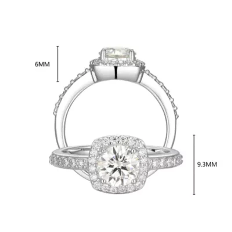 Lab Created Rhodium Plated Sterling Silver Women's Moissanite Halo Engagement Ring