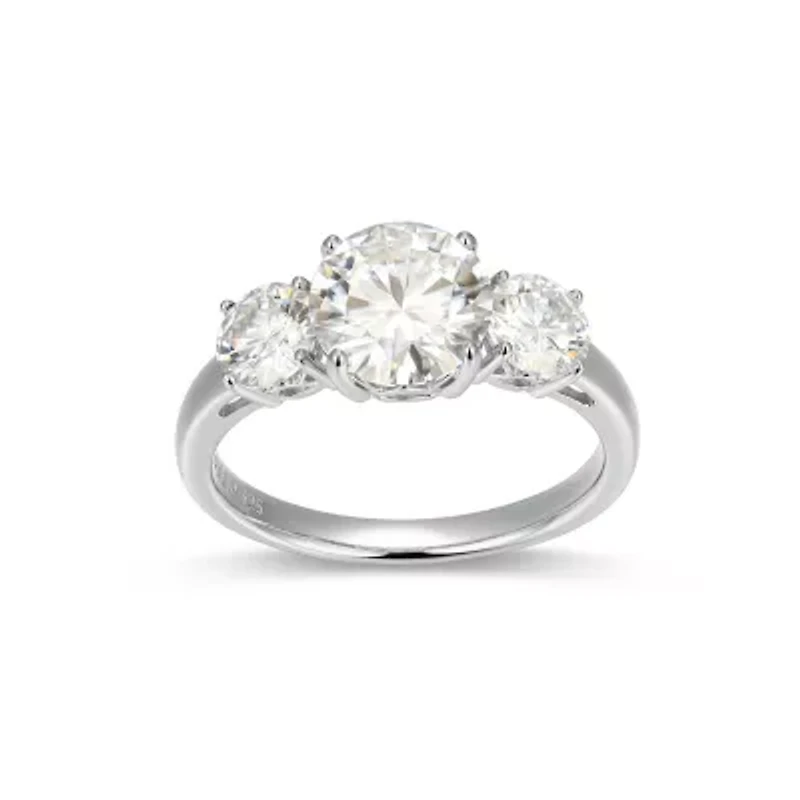 Lab Created Rhodium Plated Sterling Silver Women's Moissanite Three-stone Engagement Ring