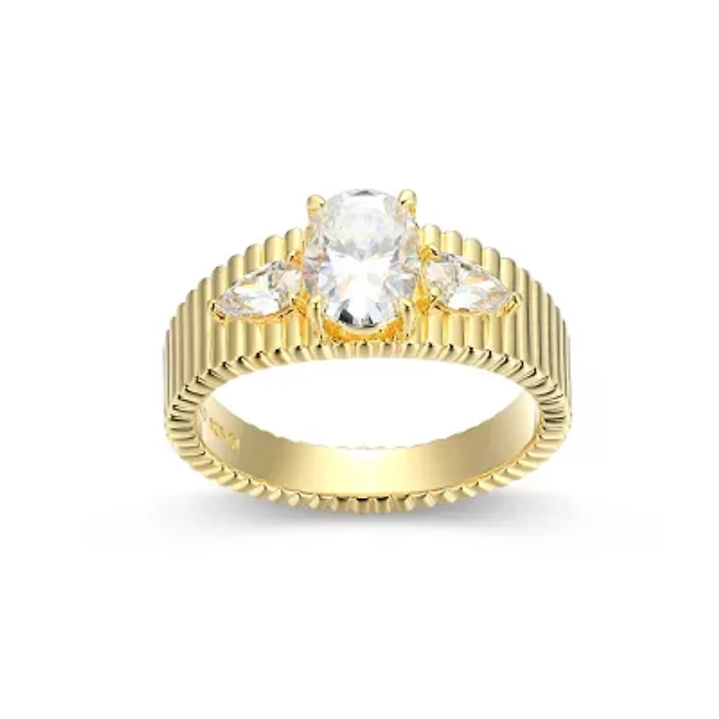 Lab Created 18K Yellow Gold Plated Sterling Silver Women's Moissanite Ribbed Statement Ring