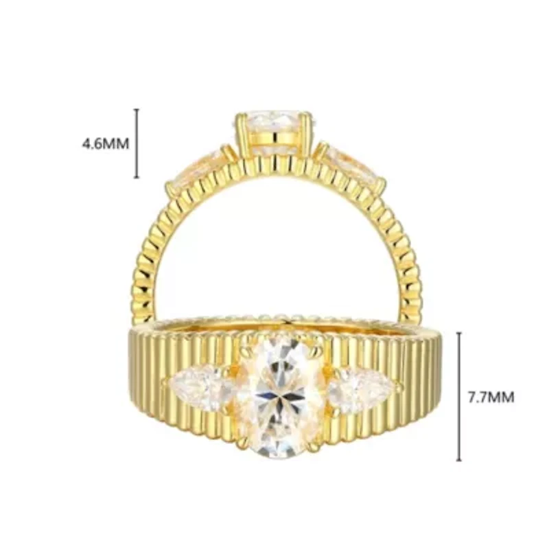 Lab Created 18K Yellow Gold Plated Sterling Silver Women's Moissanite Ribbed Statement Ring