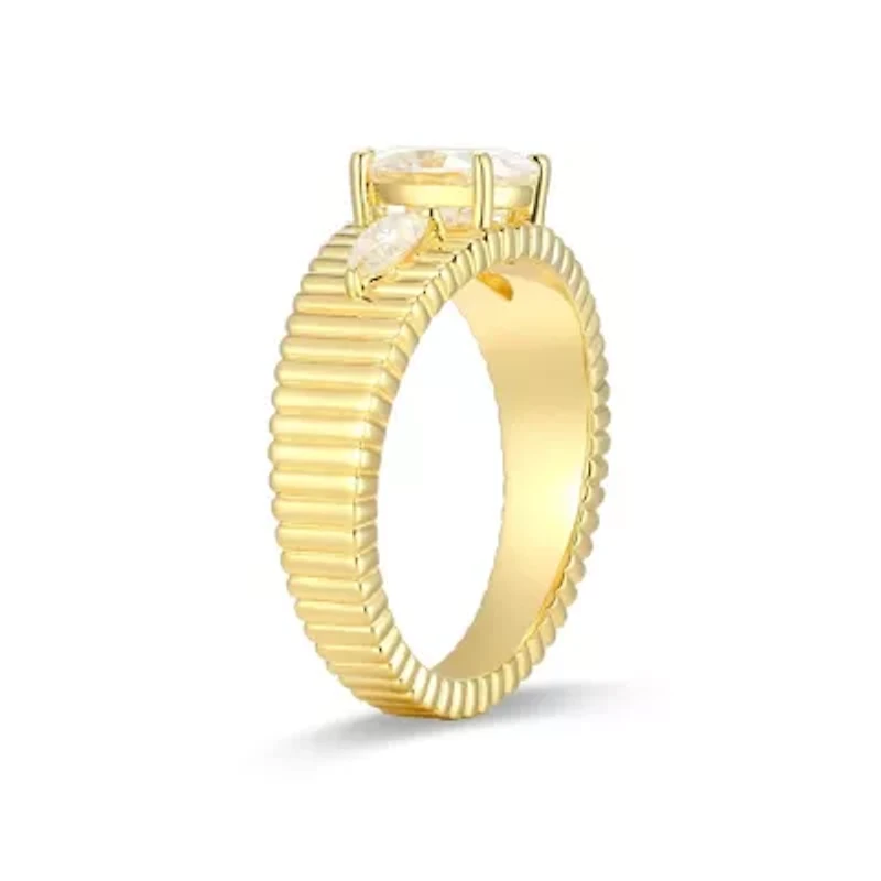 Lab Created 18K Yellow Gold Plated Sterling Silver Women's Moissanite Ribbed Statement Ring