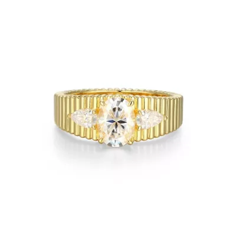 Lab Created 18K Yellow Gold Plated Sterling Silver Women's Moissanite Ribbed Statement Ring