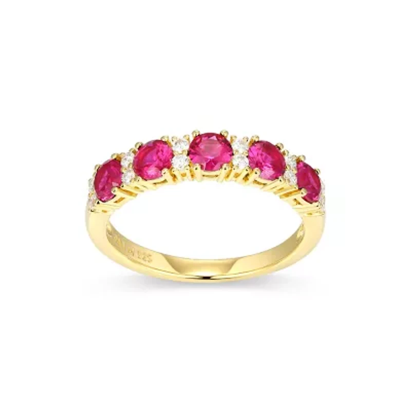 Lab Created 18K Yellow Gold Plated Sterling Silver Women's Sapphire or Ruby and Moissanite Ring