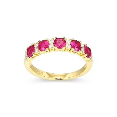 Lab Created 18K Yellow Gold Plated Sterling Silver Women's Sapphire or Ruby and Moissanite Ring