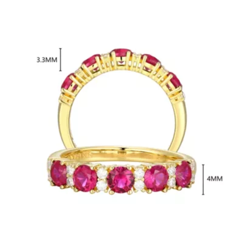 Lab Created 18K Yellow Gold Plated Sterling Silver Women's Sapphire or Ruby and Moissanite Ring
