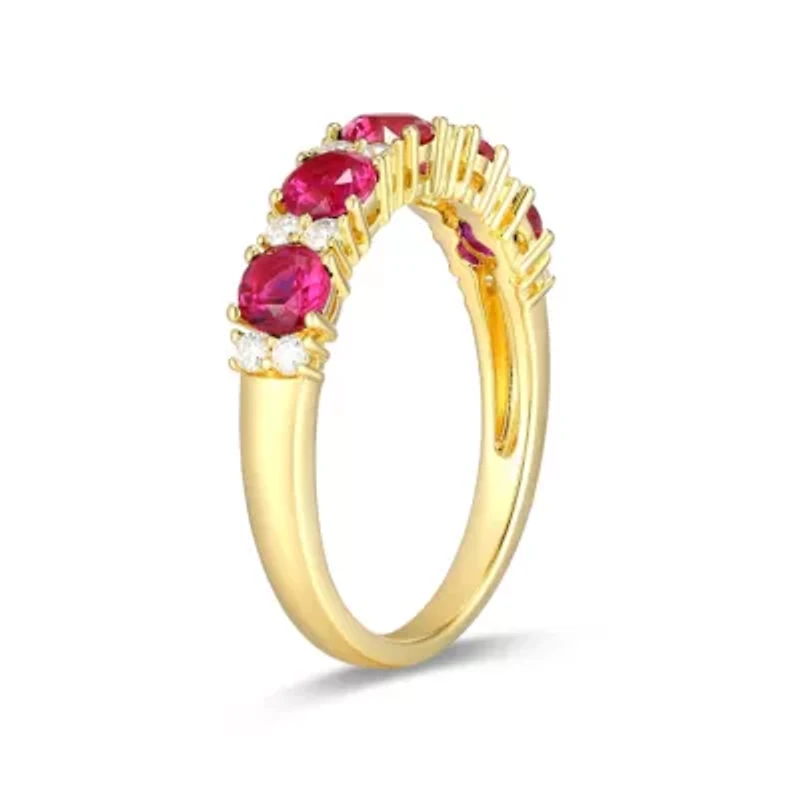 Lab Created 18K Yellow Gold Plated Sterling Silver Women's Sapphire or Ruby and Moissanite Ring